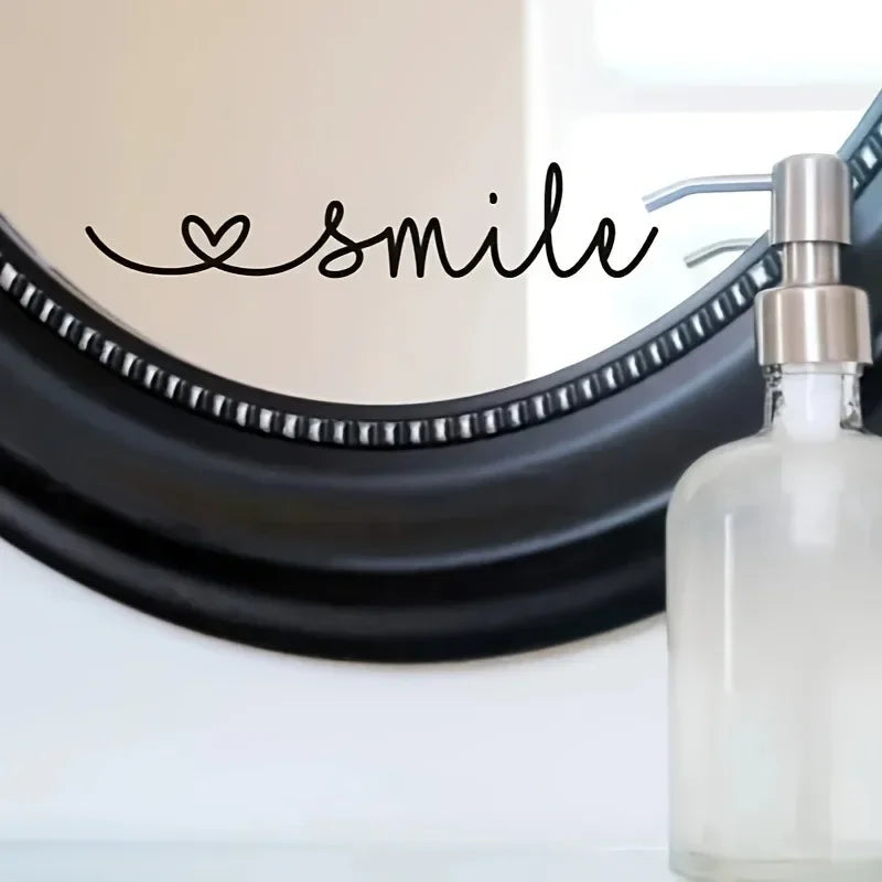 sticker mural smile cœur lettres calligraphiées adhésif noir minimaliste salle bain décoration esthétique