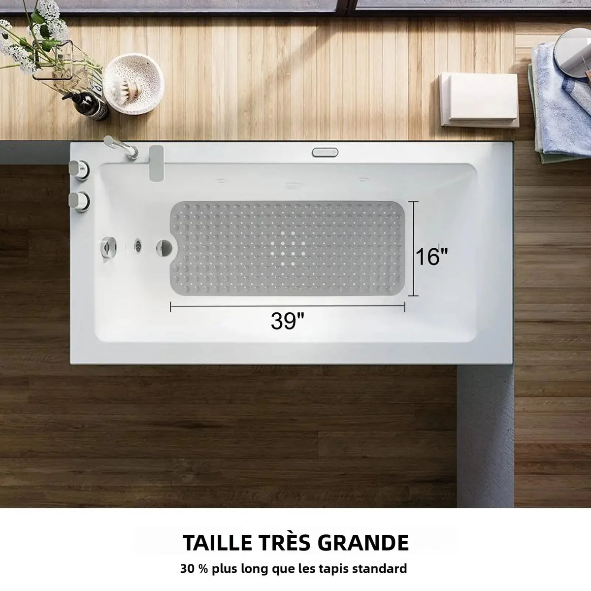 tapis bain antidérapant gris texture bulles massage ventouses salle bain grande taille