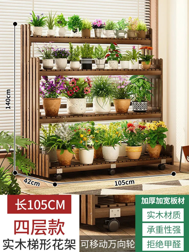 étagère bois moderne plantes intérieur extérieur balcon roulettes 110cm 140cm 42cm multiples niveaux contemporain