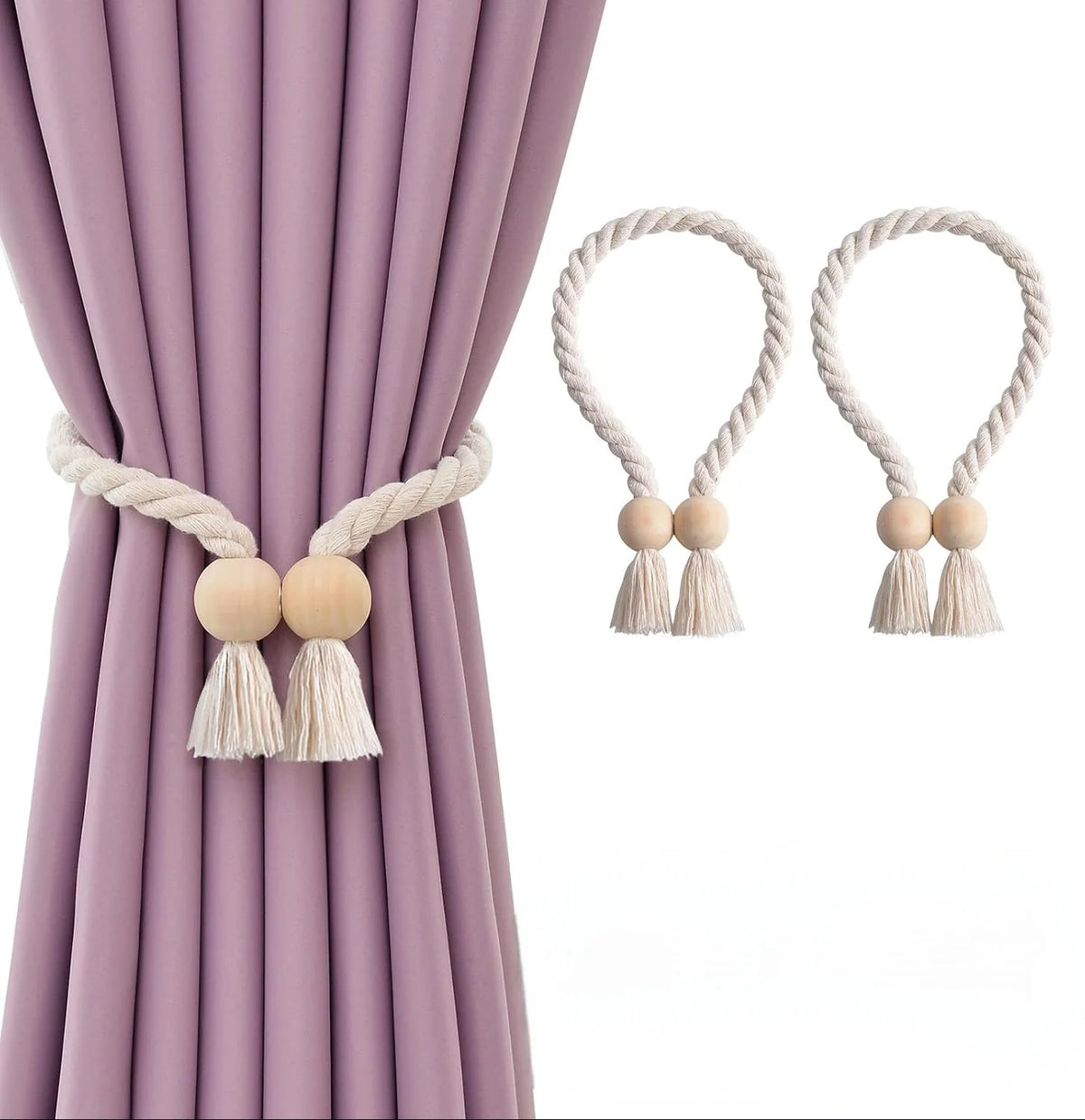 boucles aimants bois pompons franges rideau moderne rustique tissu coton corde tressée violet clair