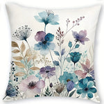 housse coussin polyester motif floral bleu violet rose moderne blanc