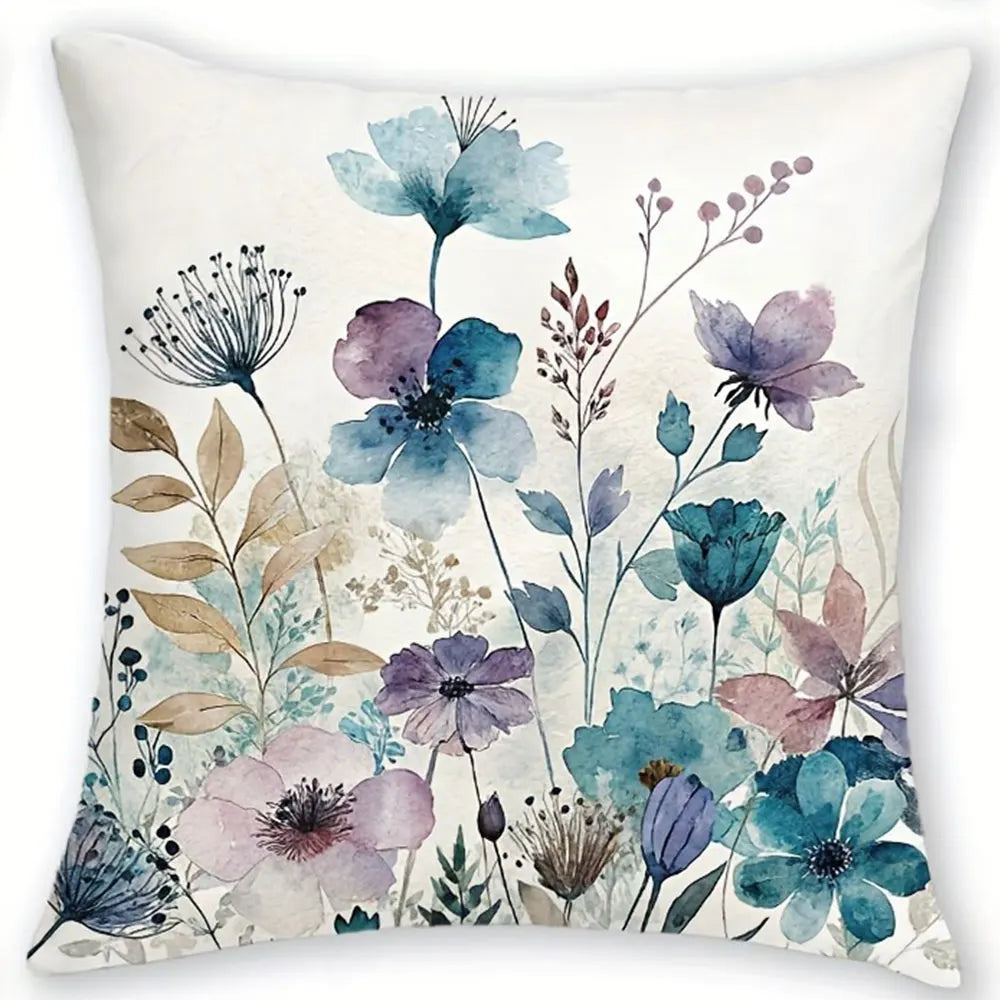 housse coussin polyester motif floral bleu violet rose moderne blanc