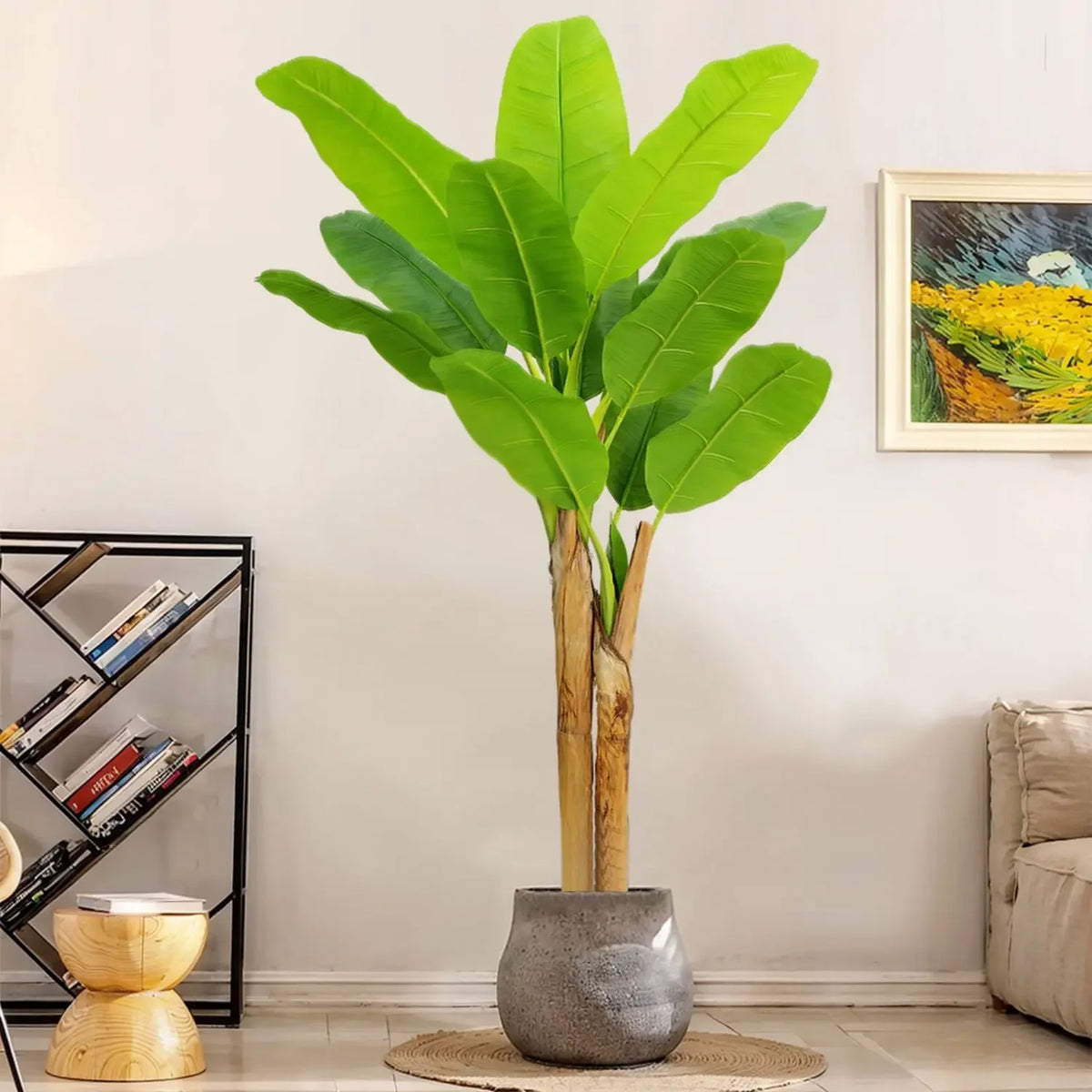 plante artificielle arbre feuilles larges vert clair vert foncé tronc épais moderne minimaliste pot