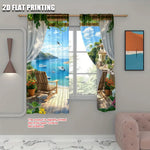 rideau moderne gris vert bleu beige blanc paysage marin polyester festif decoration fenetre
