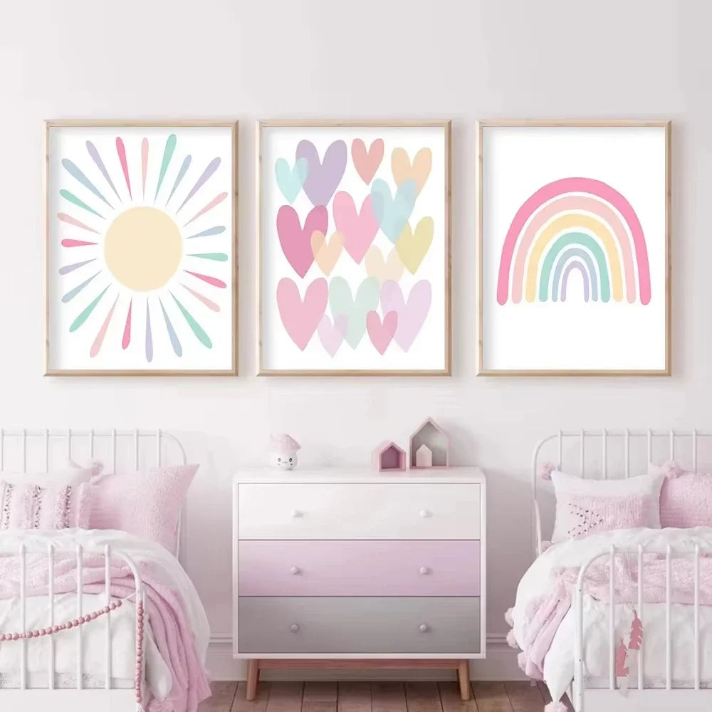 affiche dessin animé cœur arc ciel soleil moderne enfant rose blanc bleu jaune vert