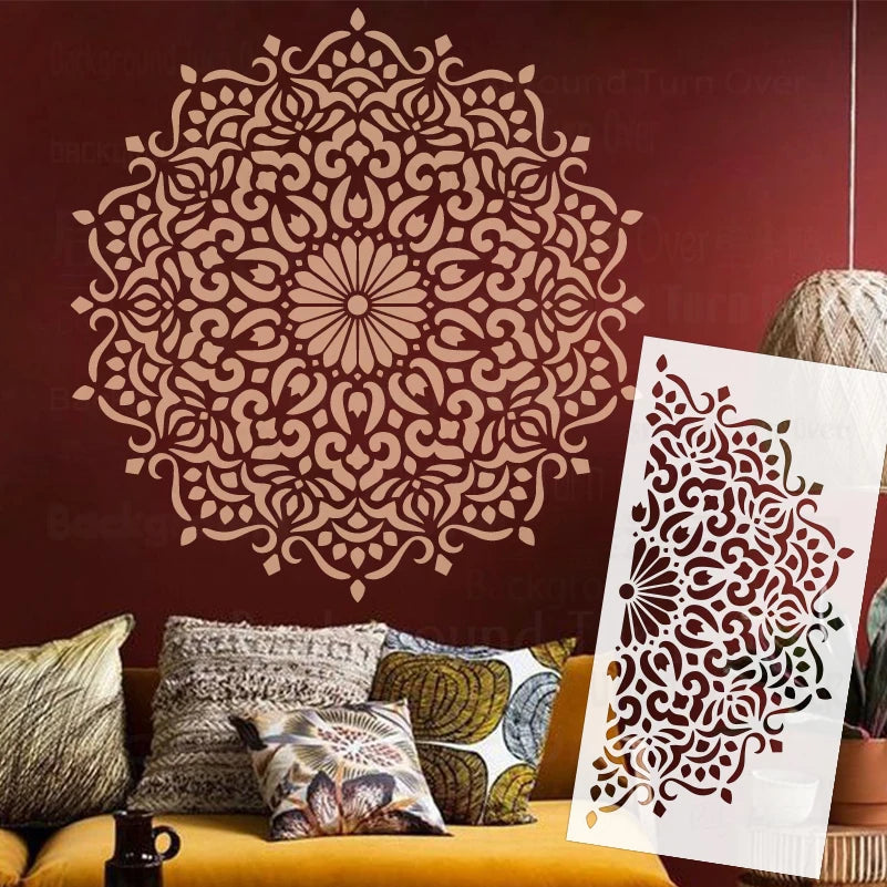 Stencil mural blanc mandala ornements floraux adhésif artisanal détaillé plastique grande taille