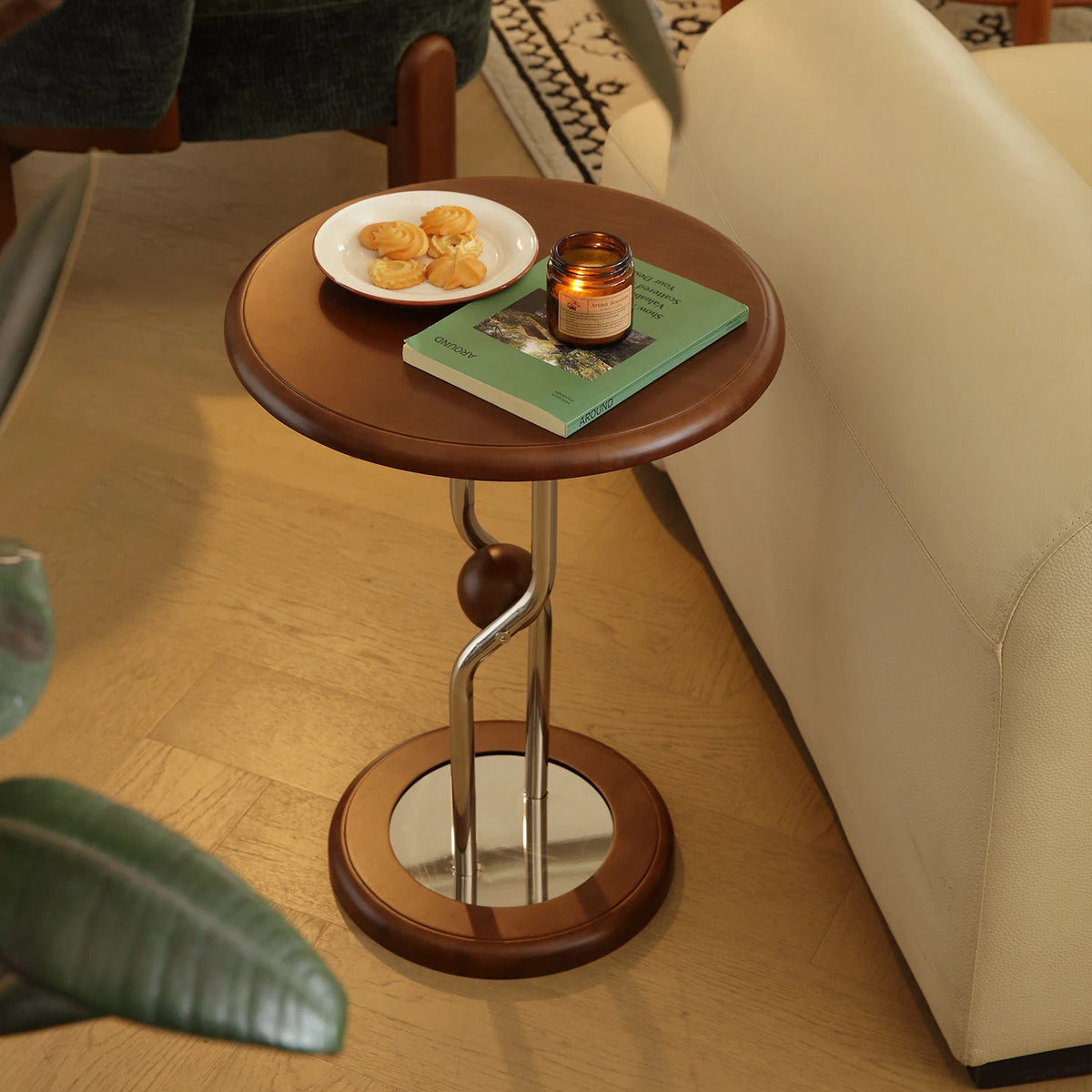 table d'appoint bois marron clair moderne pied central base circulaire portable multifonctionnelle rangement chambre