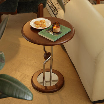 table d'appoint bois marron clair moderne pied central base circulaire portable multifonctionnelle rangement chambre
