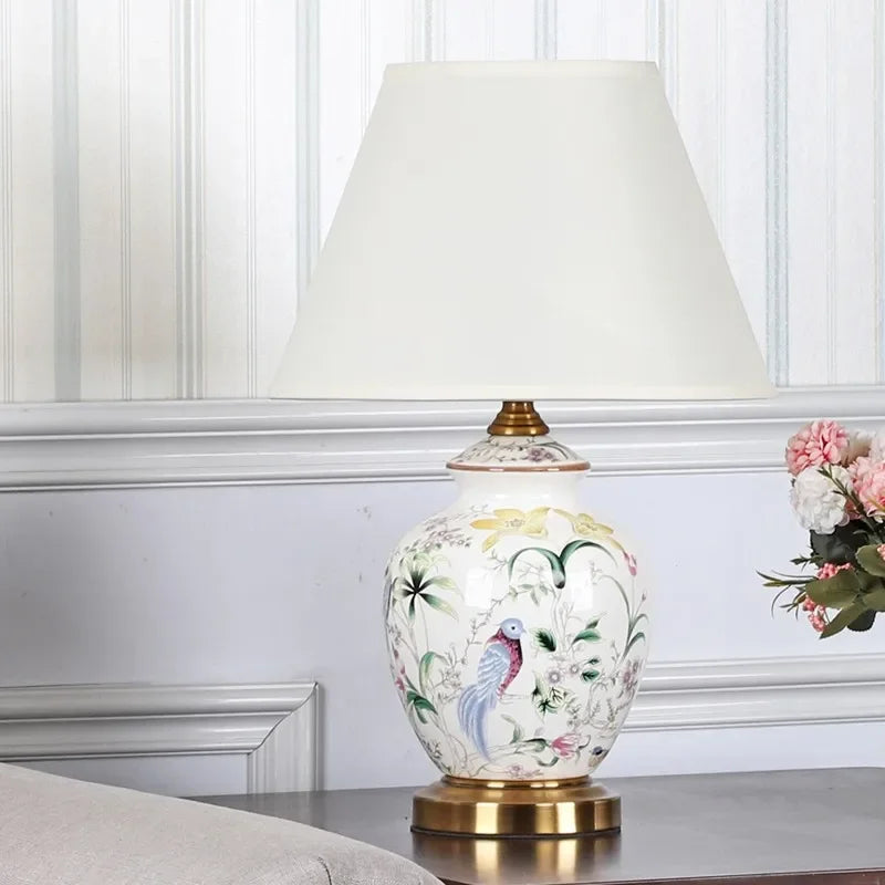 lampe table moderne abat jour fleurs oiseaux classique blanc doré vintage