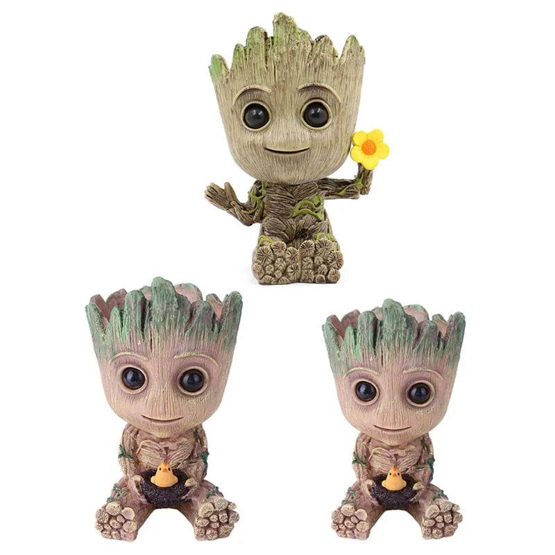 cache pot créatif marron vert texture bois personnage groot fleur intérieur décoration maison artisanat