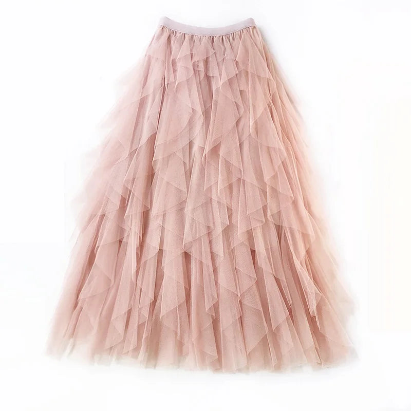 jupe longue femme tulle plissée coréen fluide taille haute élégante volante mi mollet