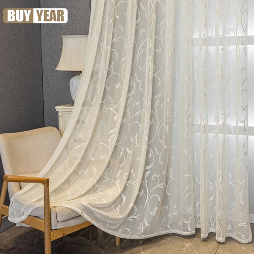 rideau blanc moderne semi transparent motif floral brodé anneaux salon chambre fenêtre