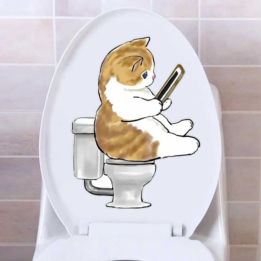 sticker mural chat cartoon adhésif toilette smartphone orange blanc beige gris