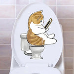 sticker mural chat cartoon adhésif toilette smartphone orange blanc beige gris