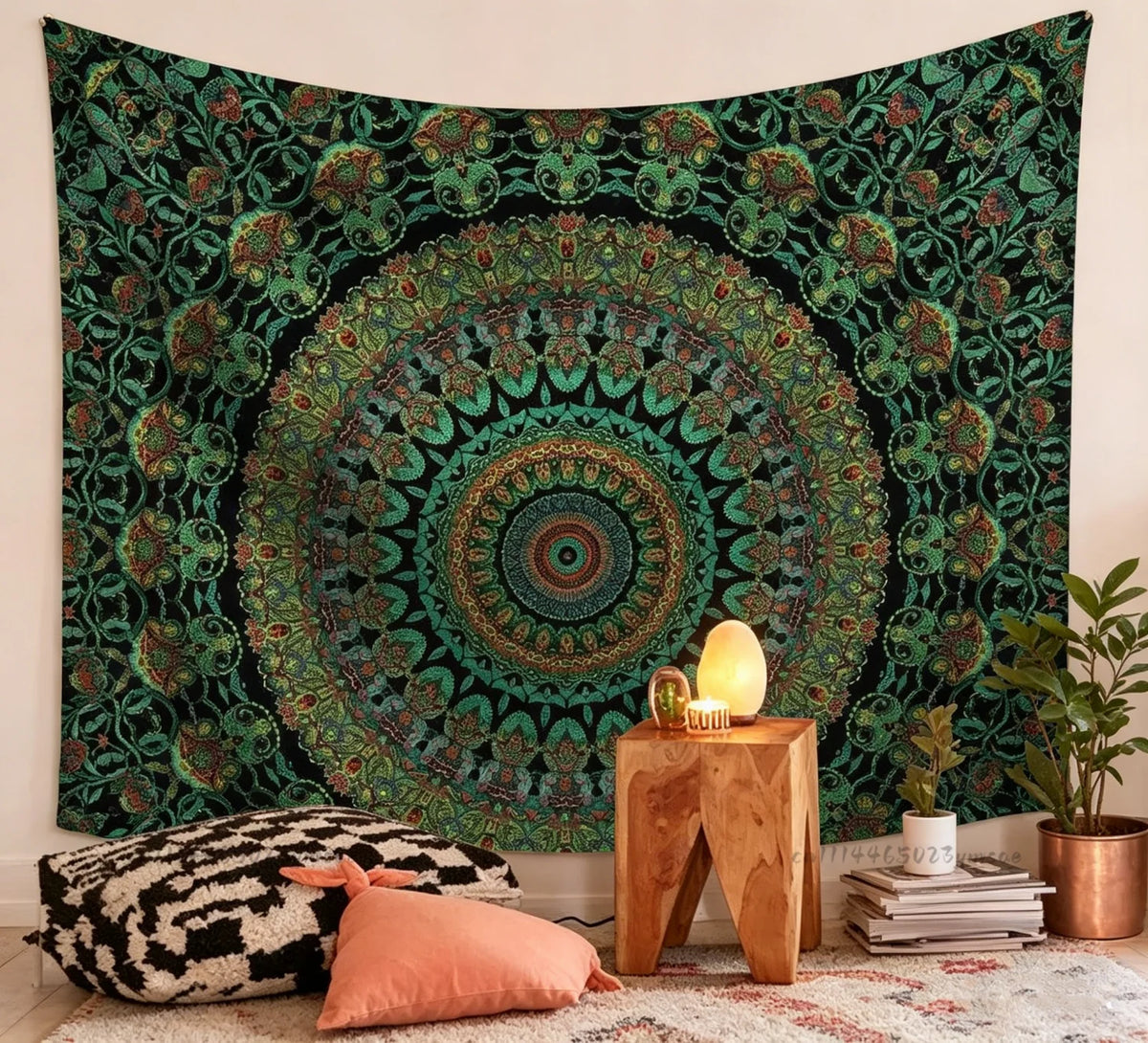 tapisserie murale mandala vert floral ethnique boho chic symétrique polyestère machine main