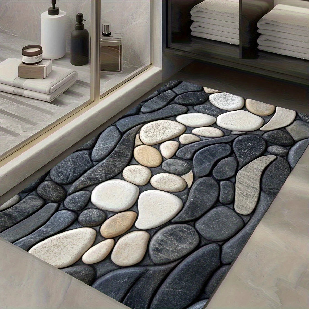tapis salle bain galets animaux gris moderne antidérapant machine lavable adhésif blanc