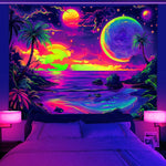 tapisserie moderne paysage marin palmiers couchant soleil planètes étoiles nuages clips violet rose jaune