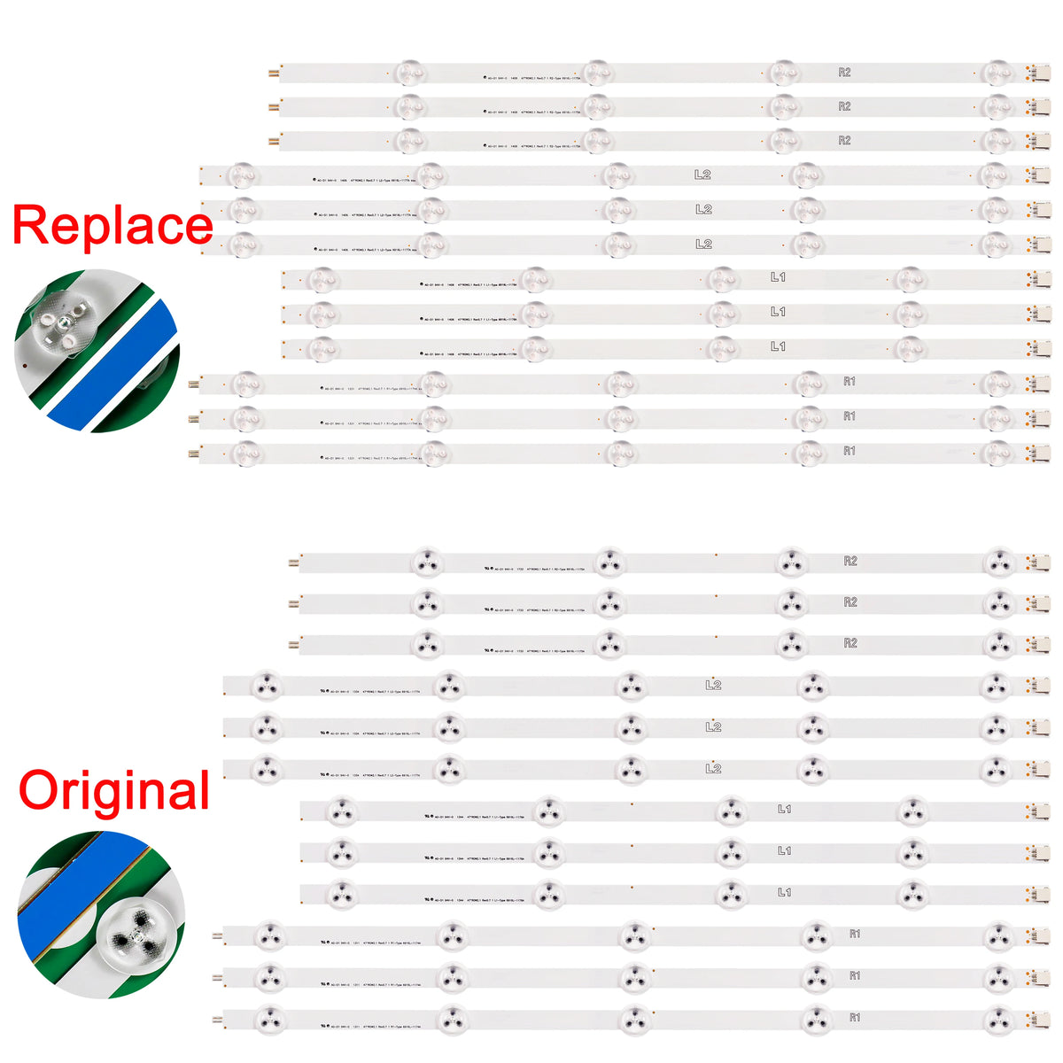 barre lumineuse led blanc vert industrielle connecteurs r1 r2 remplacement original schéma comparatif