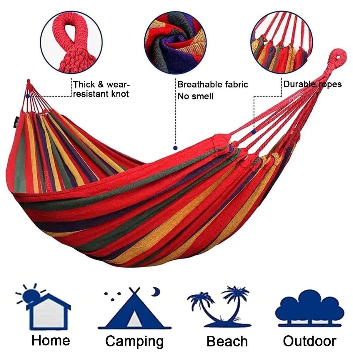 Hamac double coton rayures horizontales rouge vert bleu confortable extérieur patio camping facile installer
