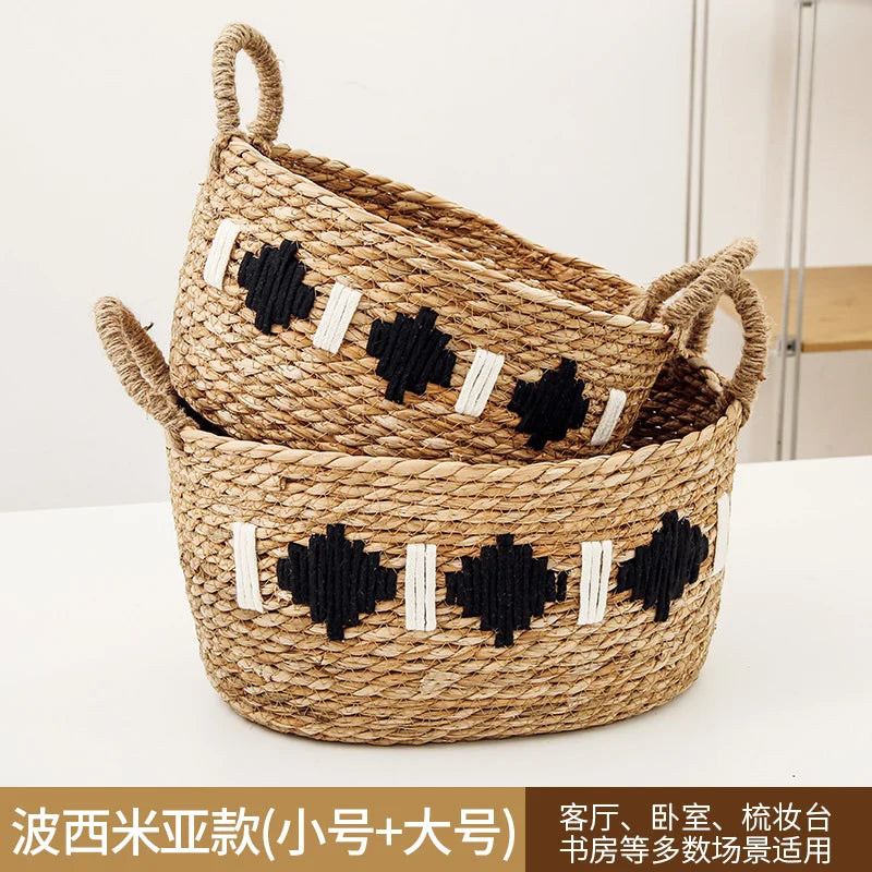 panier tissé rotin naturel blanc noir franges motifs ethniques boho respectueux environnement