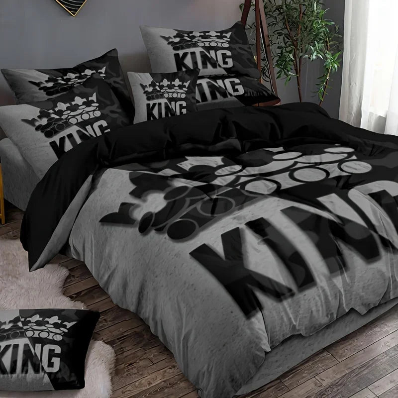 ensemble literie king size noir gris motif graphique moderne housse couette taies d'oreiller polychéton