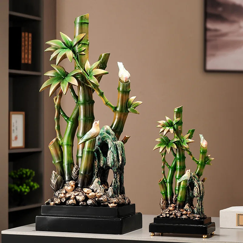 sculpture décorative bambou oiseaux vert marron asiatique traditionnel résine verte jaune
