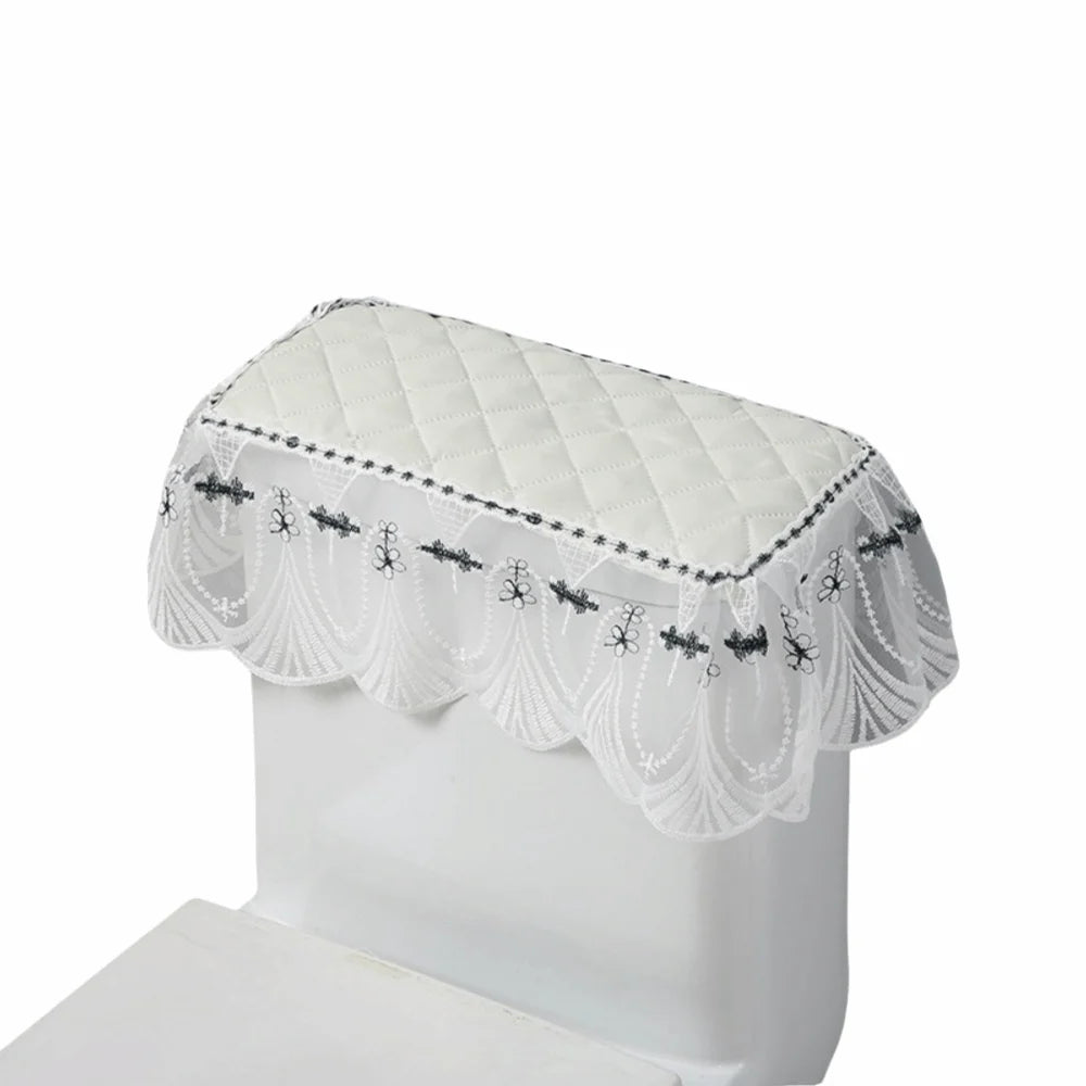 couvre seize toilette brodé bleu marine blanc élégant classique tissu épais plis franges