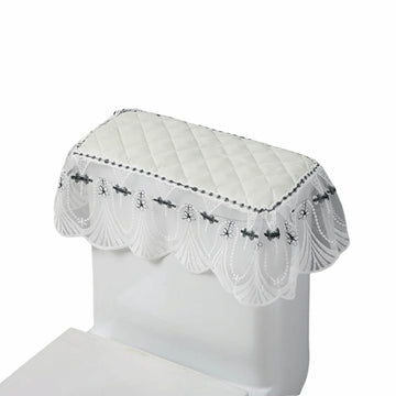 couvre seize toilette brodé bleu marine blanc élégant classique tissu épais plis franges