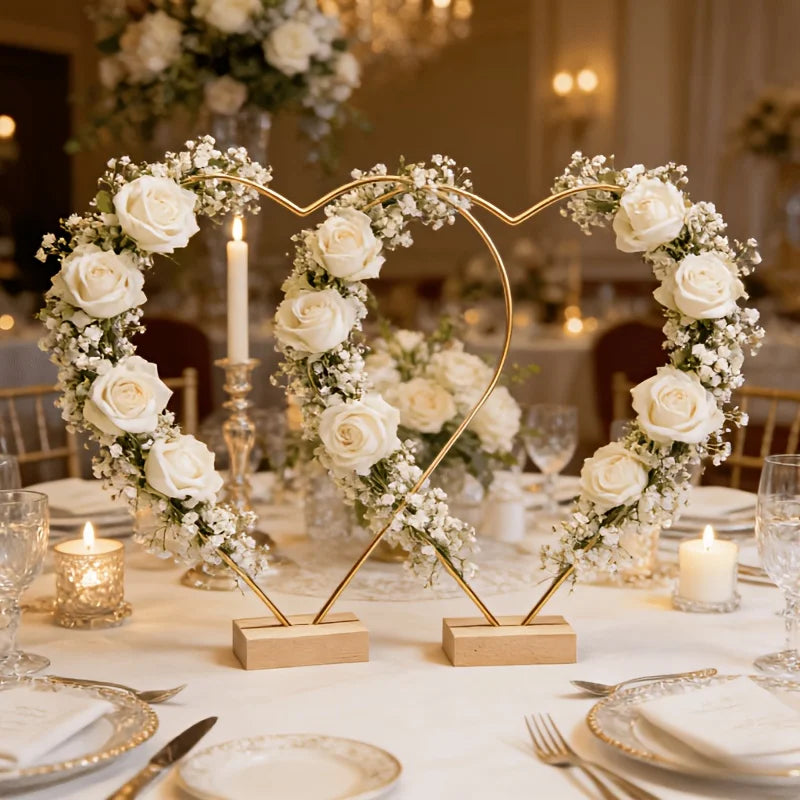 décoration mariage romantique or blanc rouge vert coeur bois fleurs bougies tableextérieur