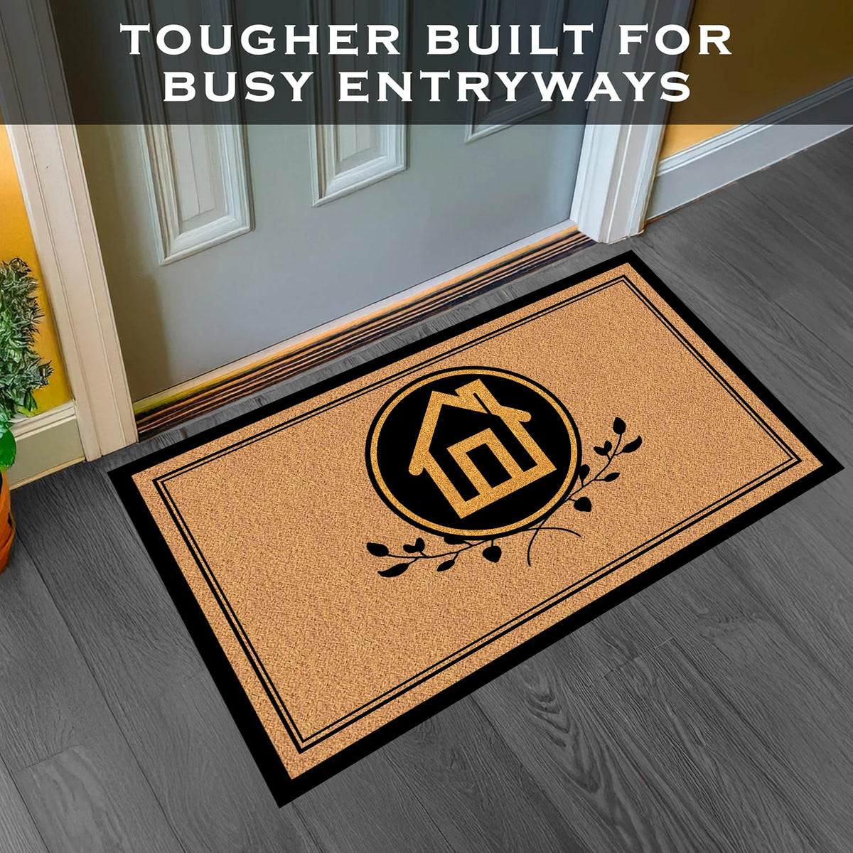 tapis d'entrée marron clair motif maison branches bordure noire imperméable antidérapant extérieur intérieur