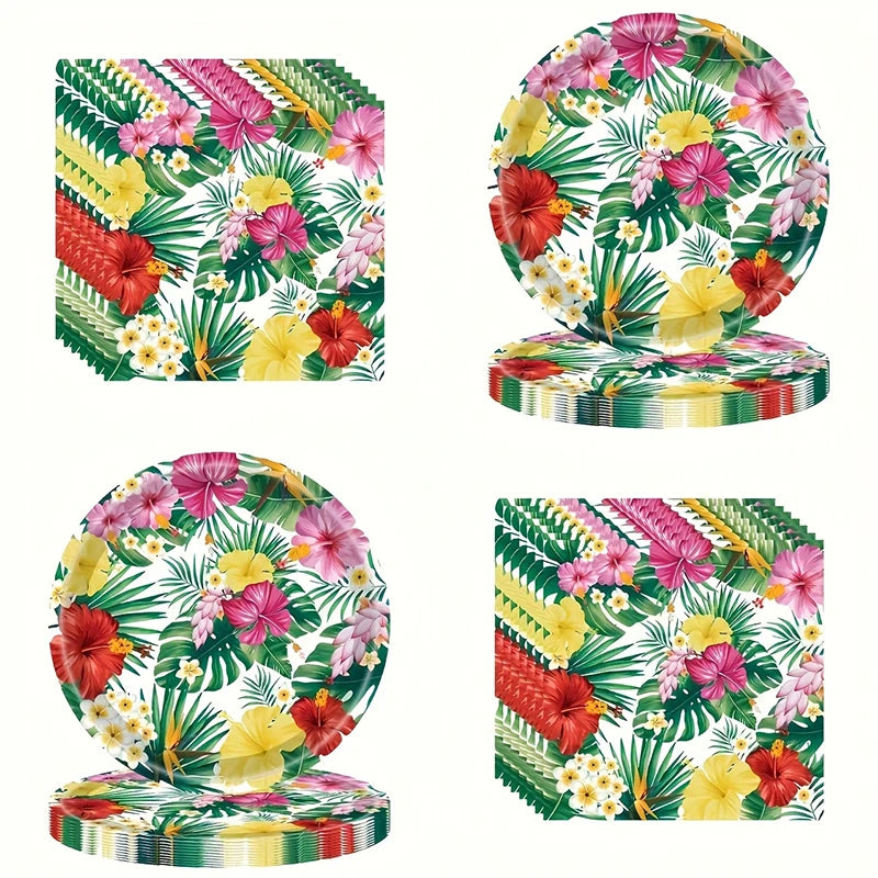 assiettes jetables motifs tropicaux fleurs hibiscus feuilles palmier serviettes table napkins fête anniversaire enfants
