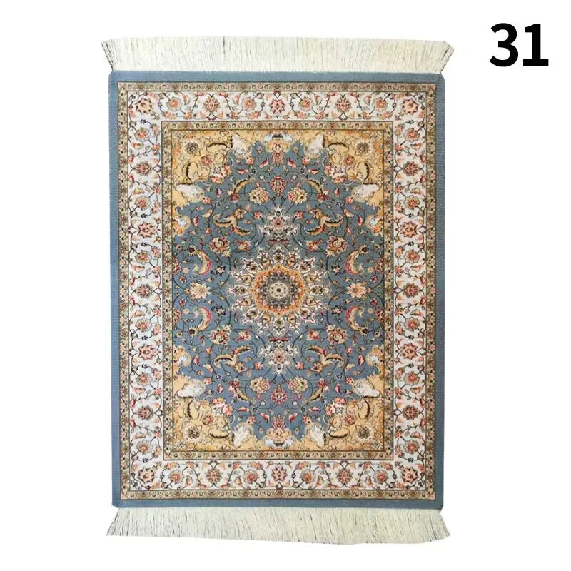 tapis ornements floraux géométriques franges blanches non glissant rouge vert beige