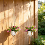 Macramé suspendu tissé main boho pots blancs plantes vertes noirs