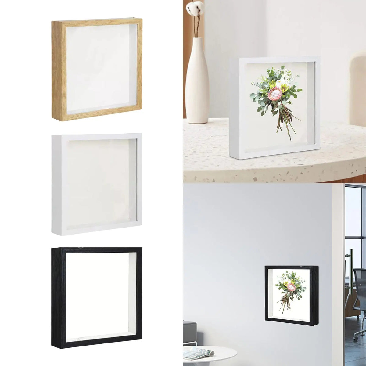Cadre photo profond bois boîte d'ombre fleurs séchées sur mur