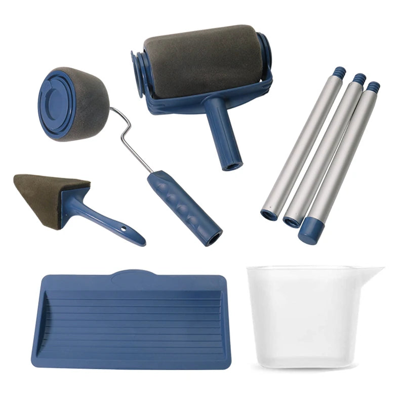 ensemble outils peinture kit pinceau rouleau spongieux plat peinture tubes télescopiques bleu blanc