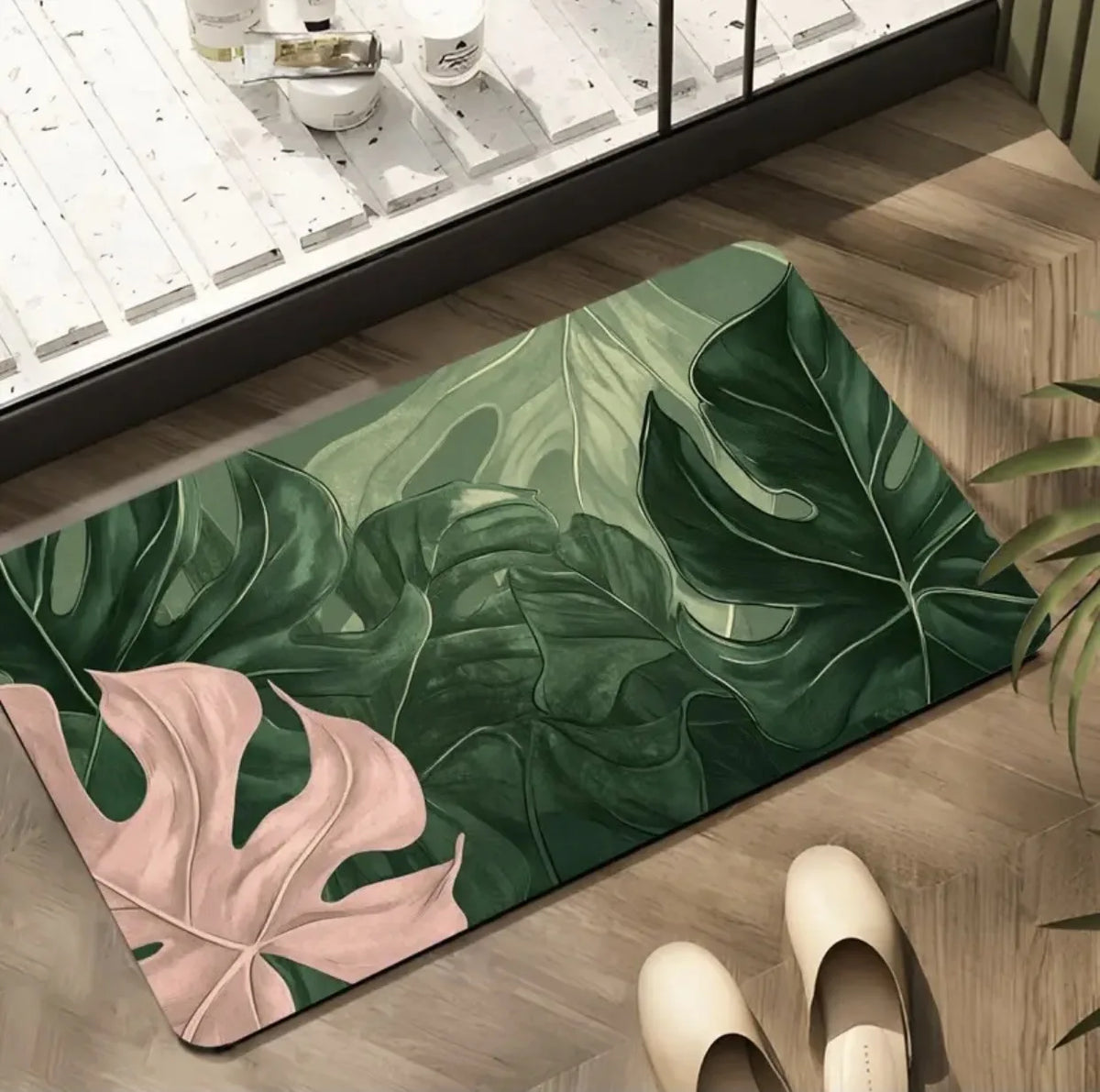 tapis antidérapant moderne feuilles tropicales vert blanc 30x40cm 40x60cm 50x80cm salon cuisine