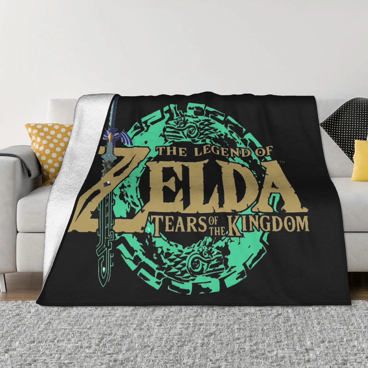 couverture graphique legend zelda noir vert doré 125x100cm moderne salon voyage