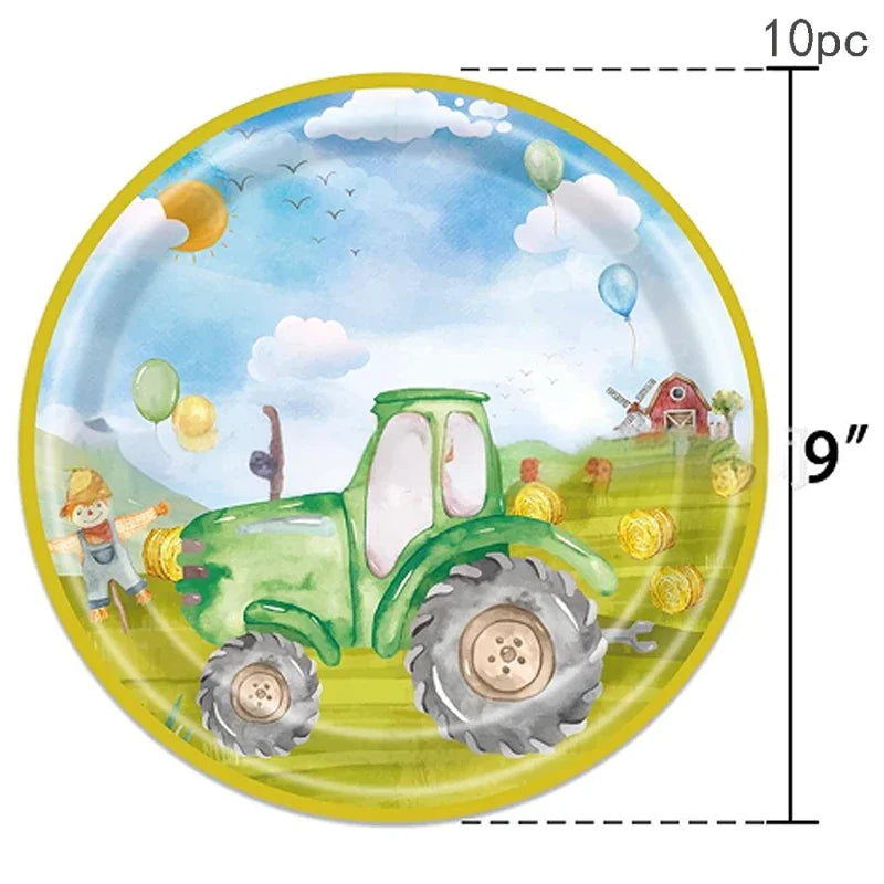 assiettes gobelets serviettes tracteur champ enfants vert bleu anniversaire fête campagne printemps