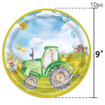 assiettes gobelets serviettes tracteur champ enfants vert bleu anniversaire fête campagne printemps