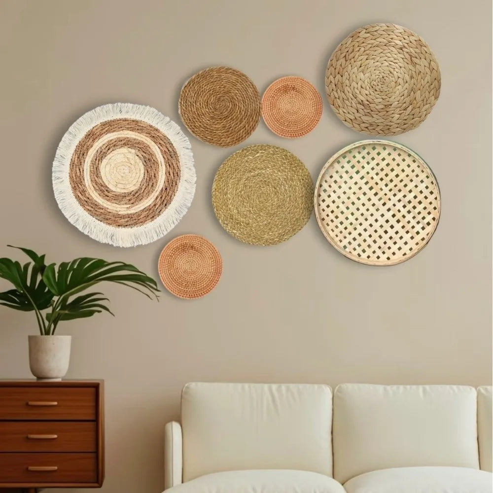 assiettes décoratives boho spirales franges naturel beige noir blanc rustic murales tressées
