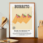 Cette image présente l'affiche d'un burrito, un plat mexicain typique consistant en une tortilla enroulée autour de différents ingrédients. L'affiche fournit des informations sur l'origine du burrito, indiquant qu'il a été créé au Mexique en 1899.
