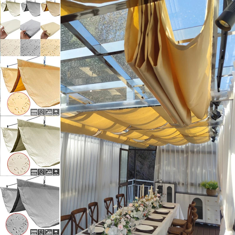 Voile d'ombrage beige déployée sur une terrasse extérieure