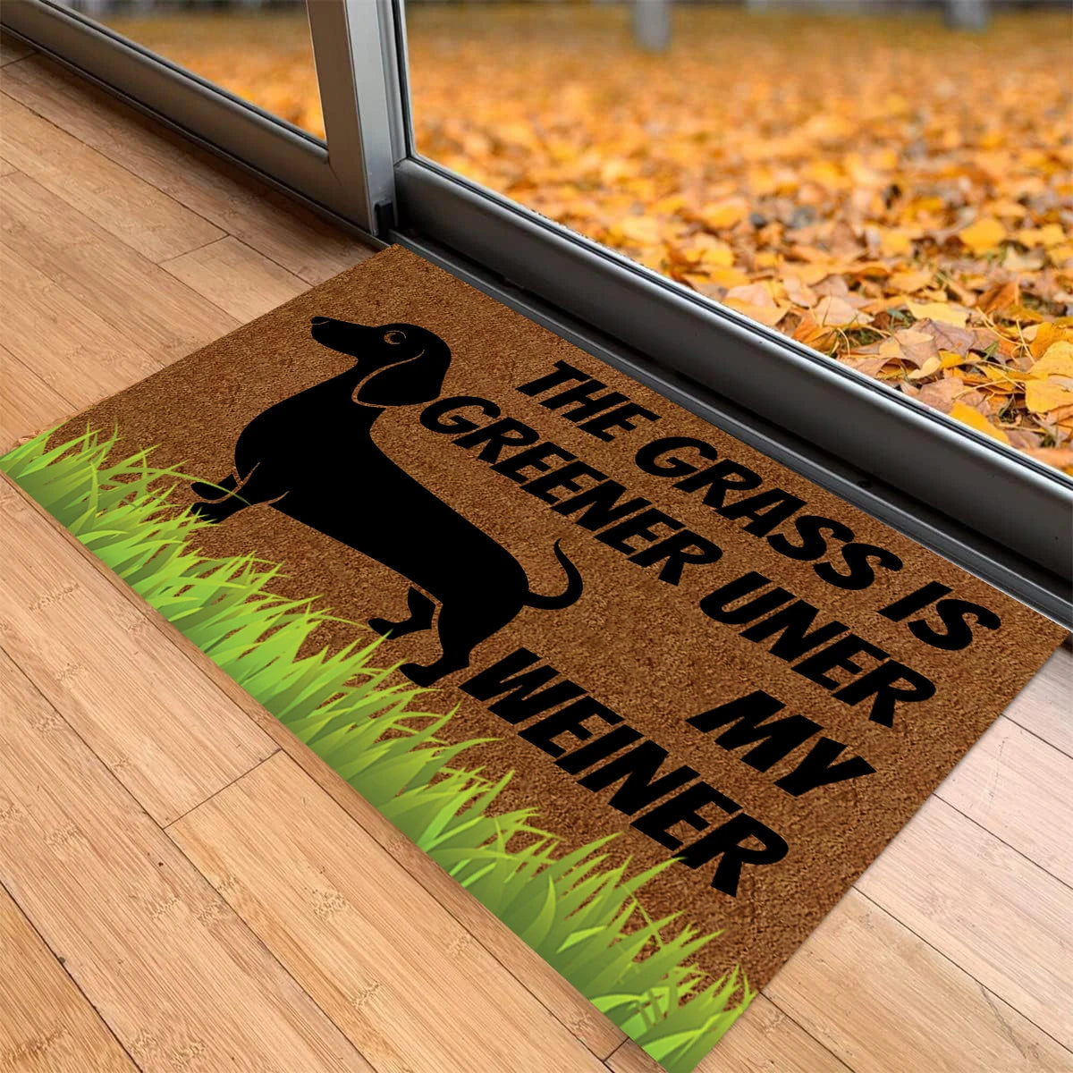 tapis d'entrée caoutchouc imperméable antidérapant silhouette chien humour herbe verte extérieur indoor