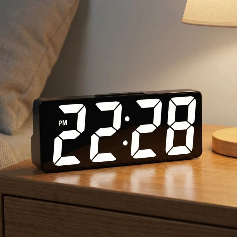 horloge numérique réveil temps température affichage lumineux noir blanc moderne minimaliste
