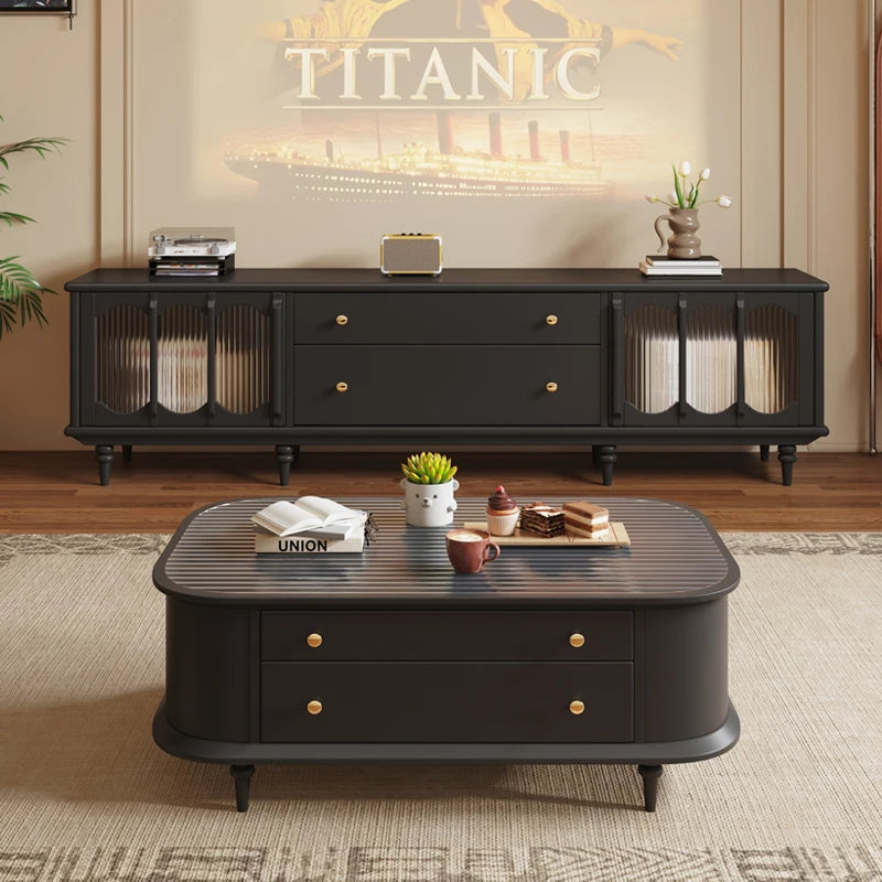 meuble bas tv rétro marron foncé tiroirs décoratifs porte gaufrée semi transparent vintage scandinave