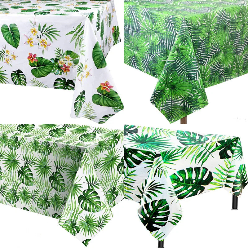 nappe jetable anniversaire motif tropical feuilles palmier fleurs verte moderne festivités été