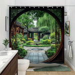 rideau douche asiatique jardin chinois noir vert marron blanc argentés polyester