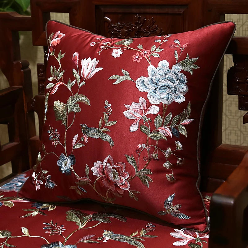 coussin carré motif floral oiseaux vert satiné salon chambre coucher nouvelle décoration chinoise
