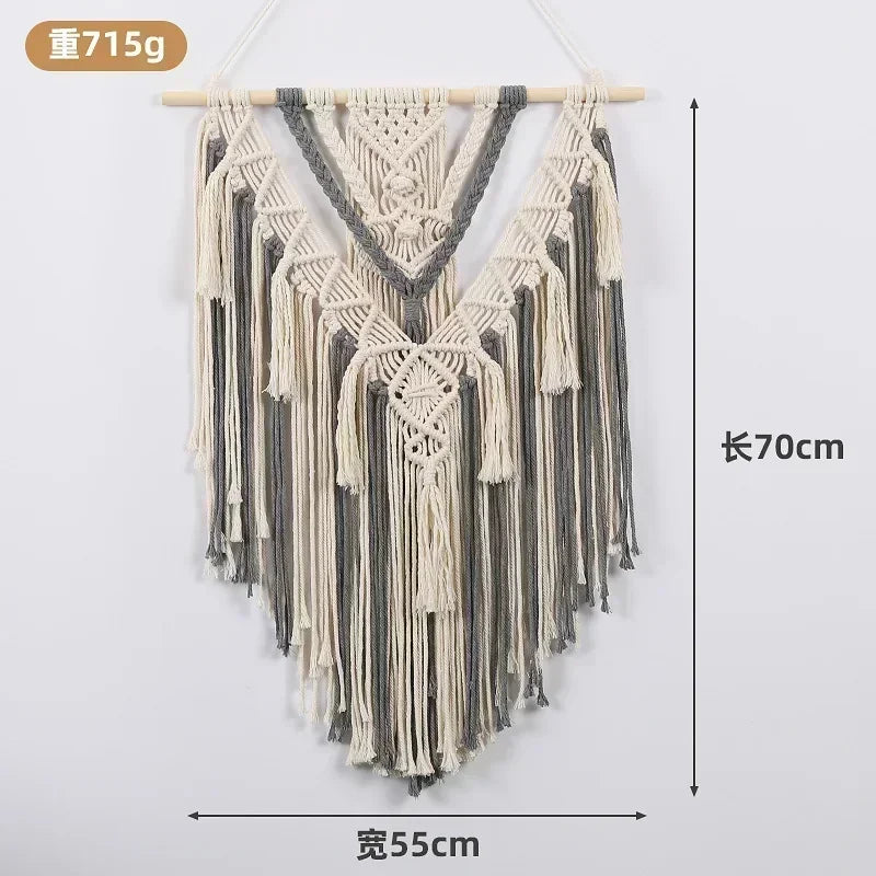 tapisserie macramé boho chic beige motifs géométriques franges moderne suspension maison