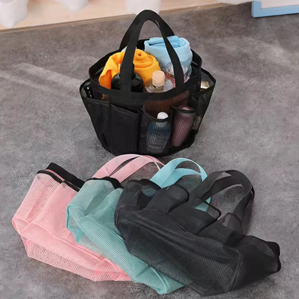 sac toilettage polyestère filet transparent noir rose turquoise multifonction salle bain voyage camping